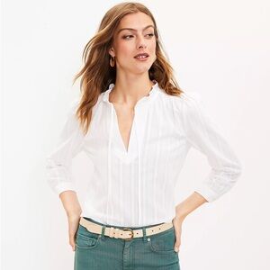 NWT Loft Ruffle Trim long sleeved Striped tie neck white blouse size large